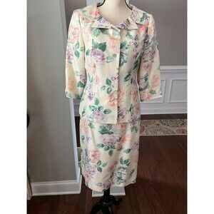 Talbots Vintage Pure Silk Suit Garden Floral Jacket/ Skirt Sz 8